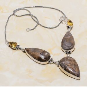 New Fossil Coral and Citrine 925 Silver Necklace.